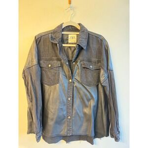 Zara Womens Faux Leather Denim Mixed Media Shirt Black Size Large Oversized